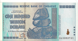 One Hundred Trillion Dollar Bill issued in Zimbabwe, 2008. 