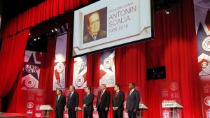 The Republican candidates with the martyr of their party, the late Antonin Scalia