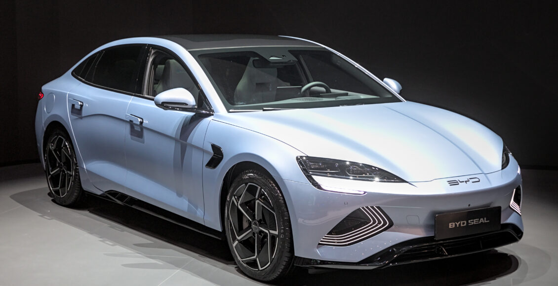 BYD exhibits its mid-size sedan Seal model at the 2024 Geneva International Motor Show.