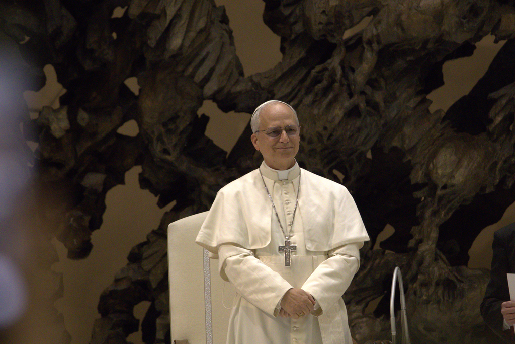 Pope Leo XIV standing at a media appearance.